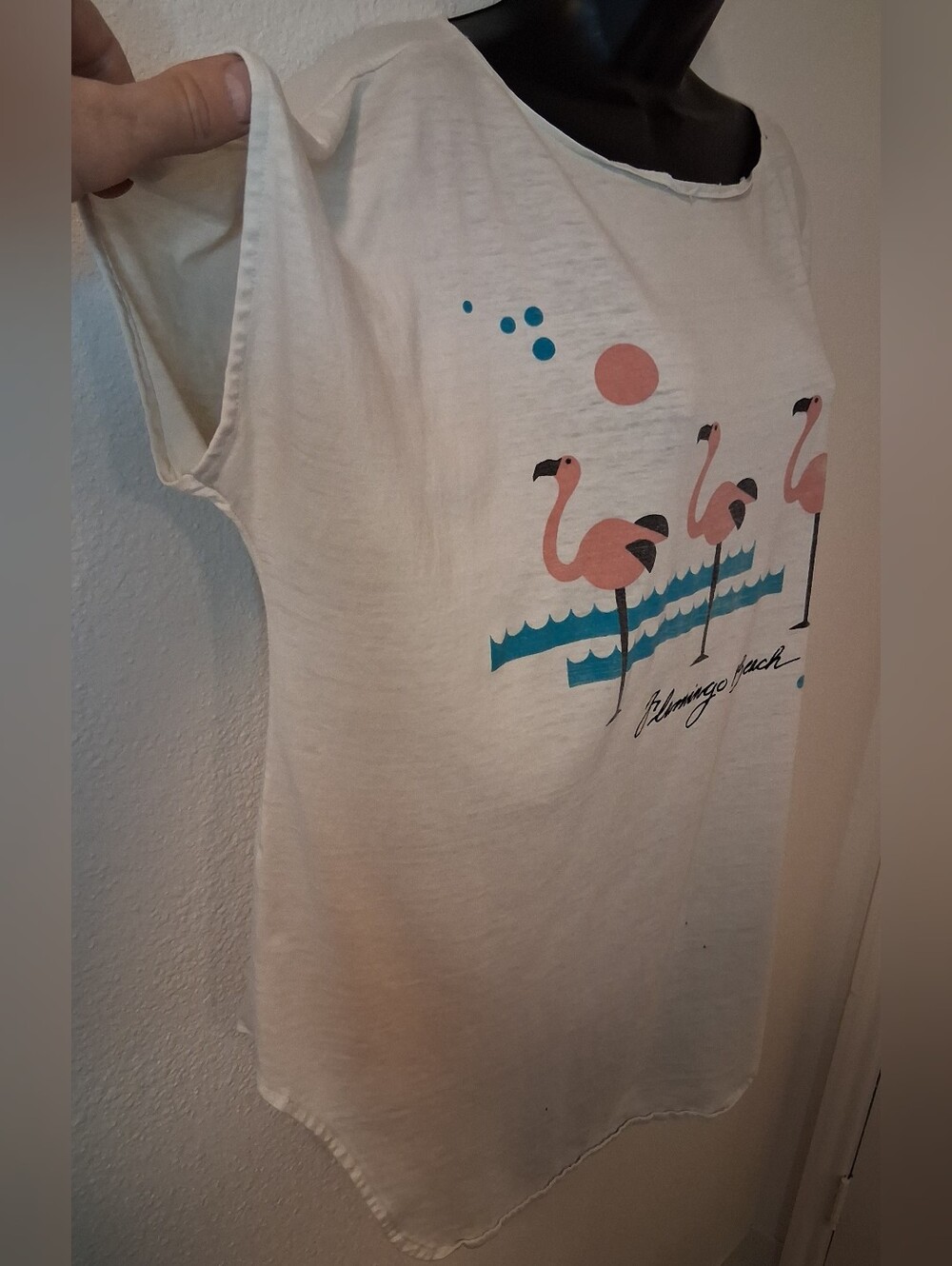 VTG 80s OP Ocean Pacific Flamingo Beach One Size T-Shirt Retro Surf Beach Distre - Picture 3 of 11